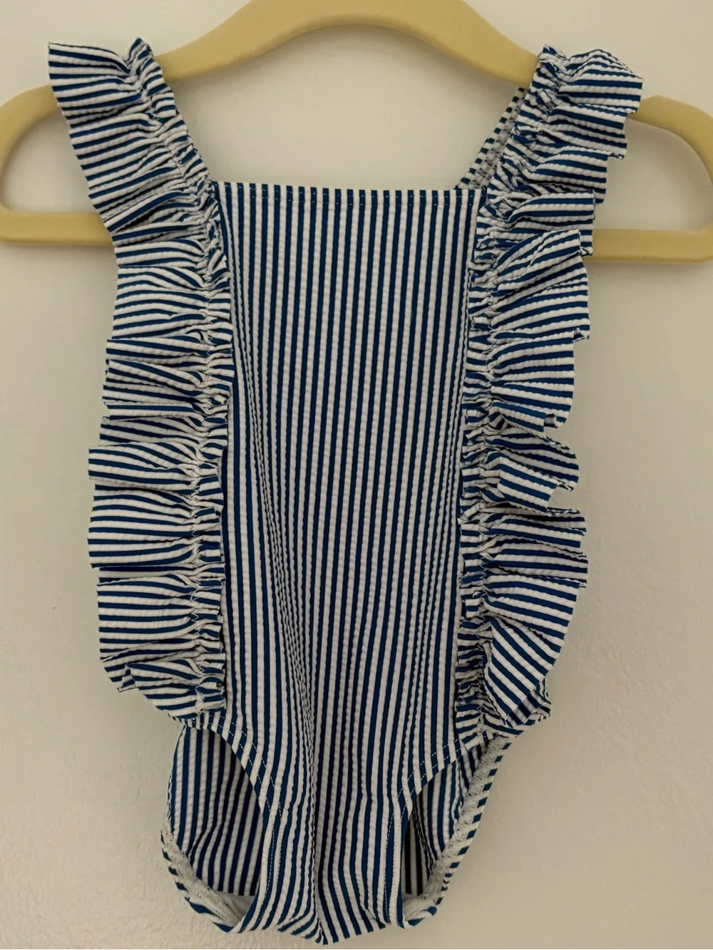 Petit Bateau Blue & White Striped Ruffle One-Piece Baby Swimsuit